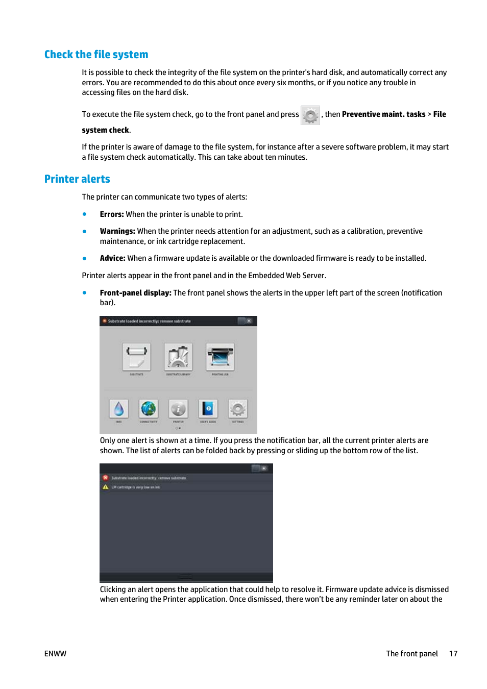 Check the file system, Printer alerts | HP Latex 360 Printer User Manual | Page 23 / 184
