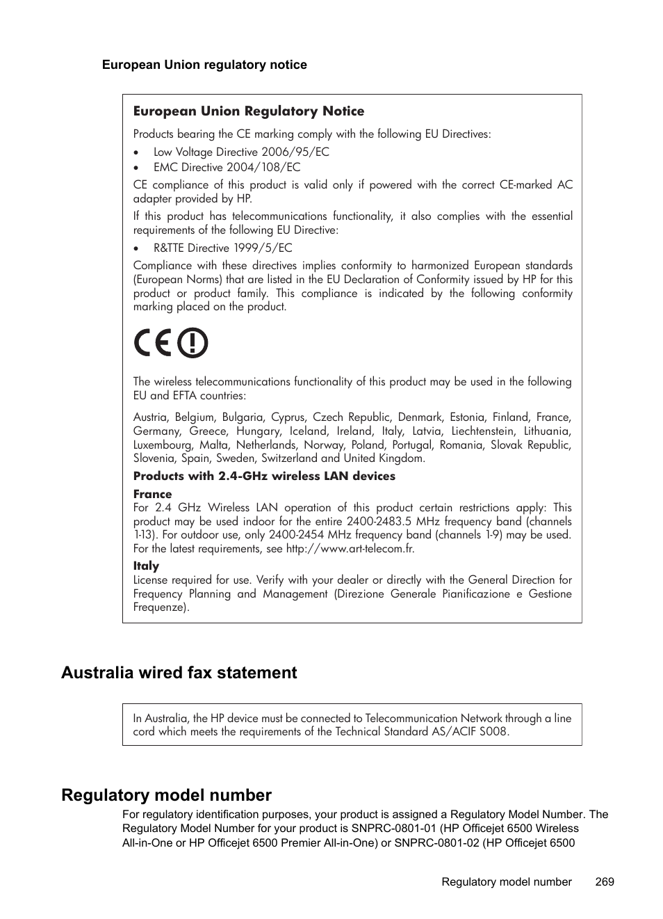 European union regulatory notice, Australia wired fax statement, Regulatory model number | HP Officejet 6500 User Manual | Page 273 / 294