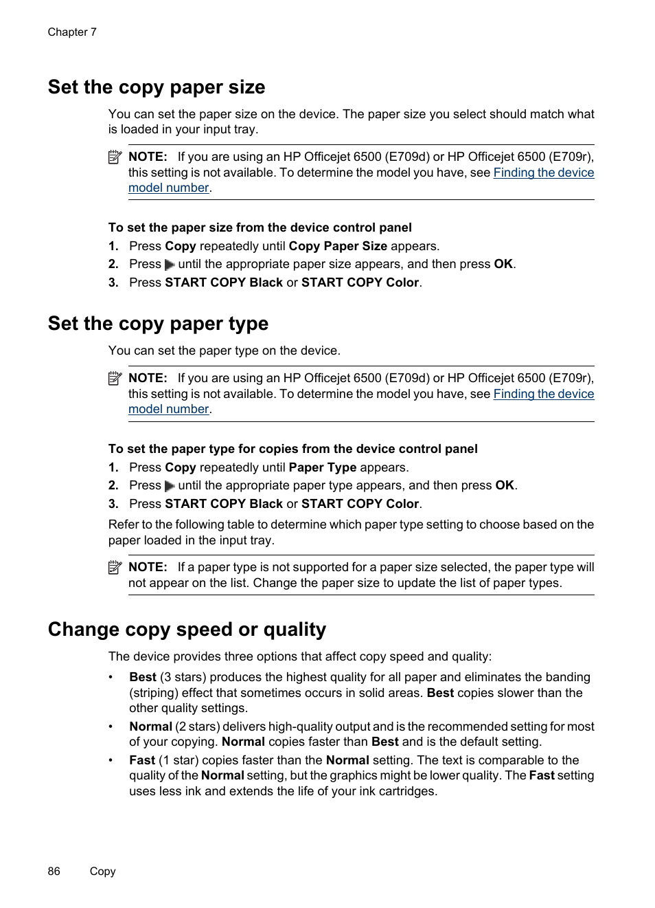 Set the copy paper size, Set the copy paper type, Change copy speed or quality | HP Officejet 6500 User Manual | Page 90 / 294
