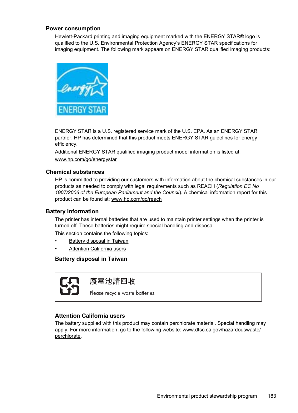 Power consumption, Chemical substances, Battery information | Battery disposal in taiwan, Attention california users | HP Officejet Pro 8600 User Manual | Page 187 / 254