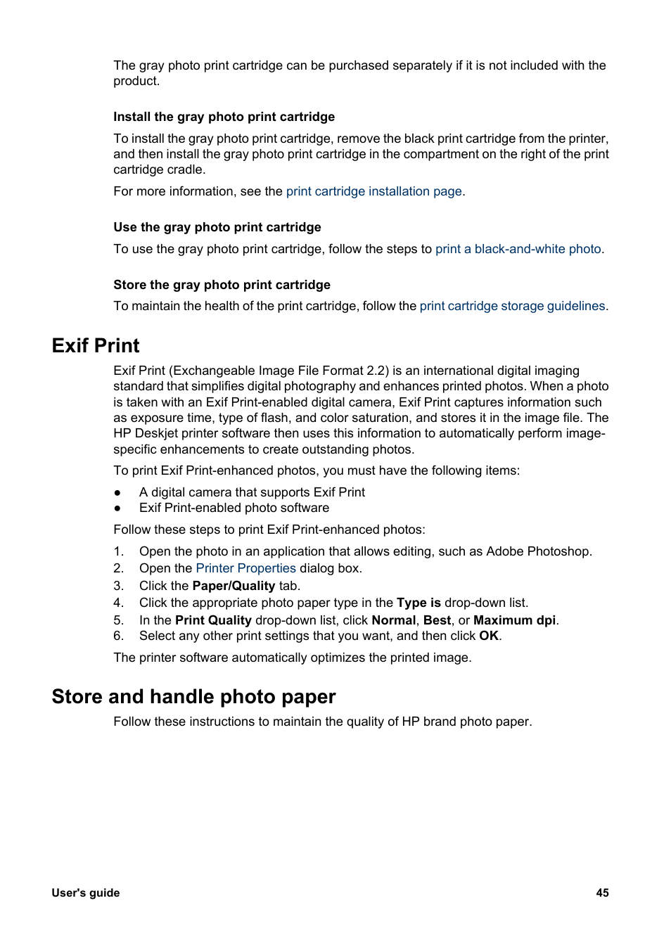 Exif print, Store and handle photo paper, Exif print store and handle photo paper | Print an, Exif print-formatted, Photo paper storage and handling, Guidelines, Photo paper storage instructions | HP Deskjet 6940 User Manual | Page 47 / 150