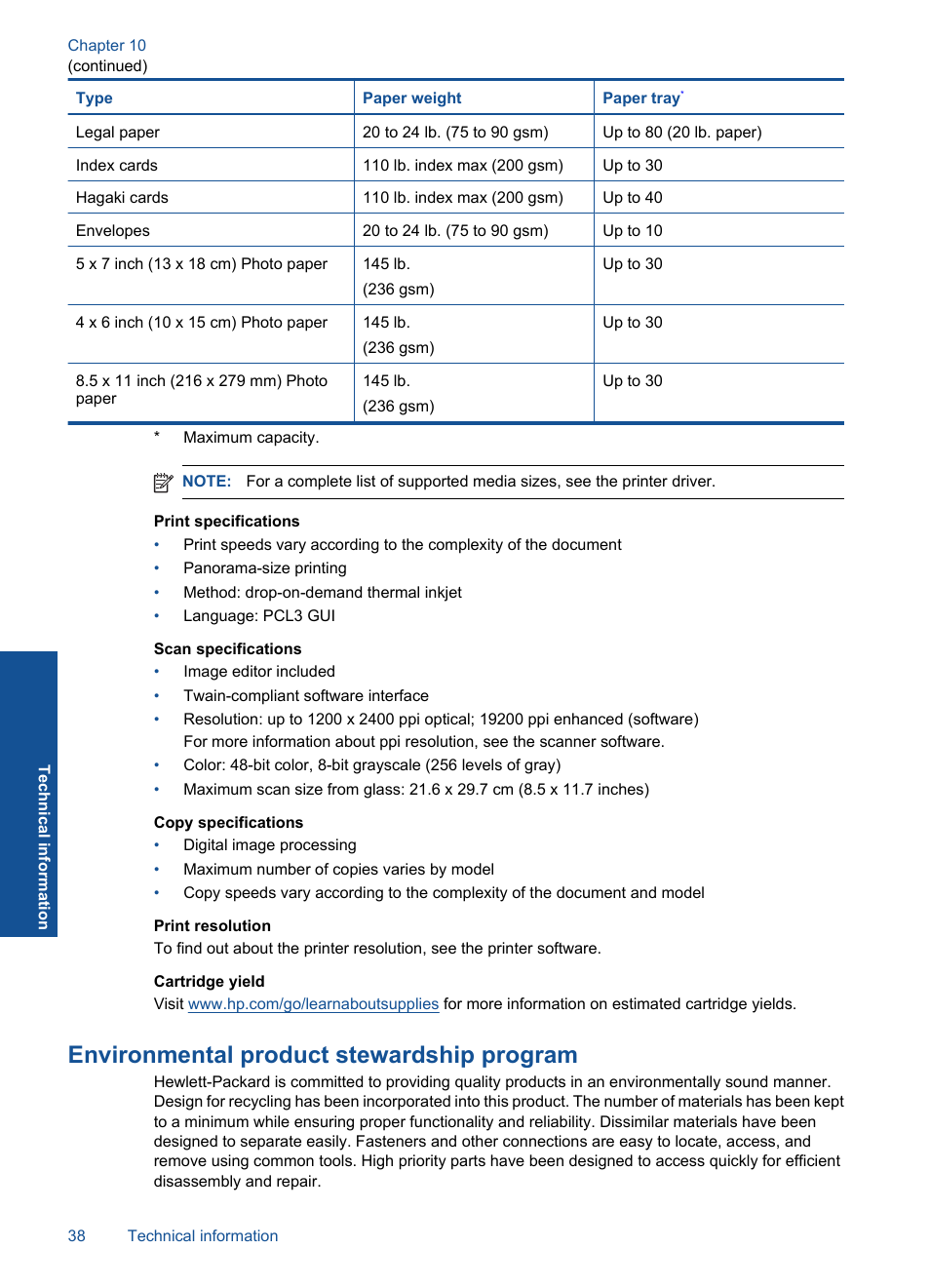 Environmental product stewardship program, Paper tray | HP Photosmart D110 User Manual | Page 41 / 52