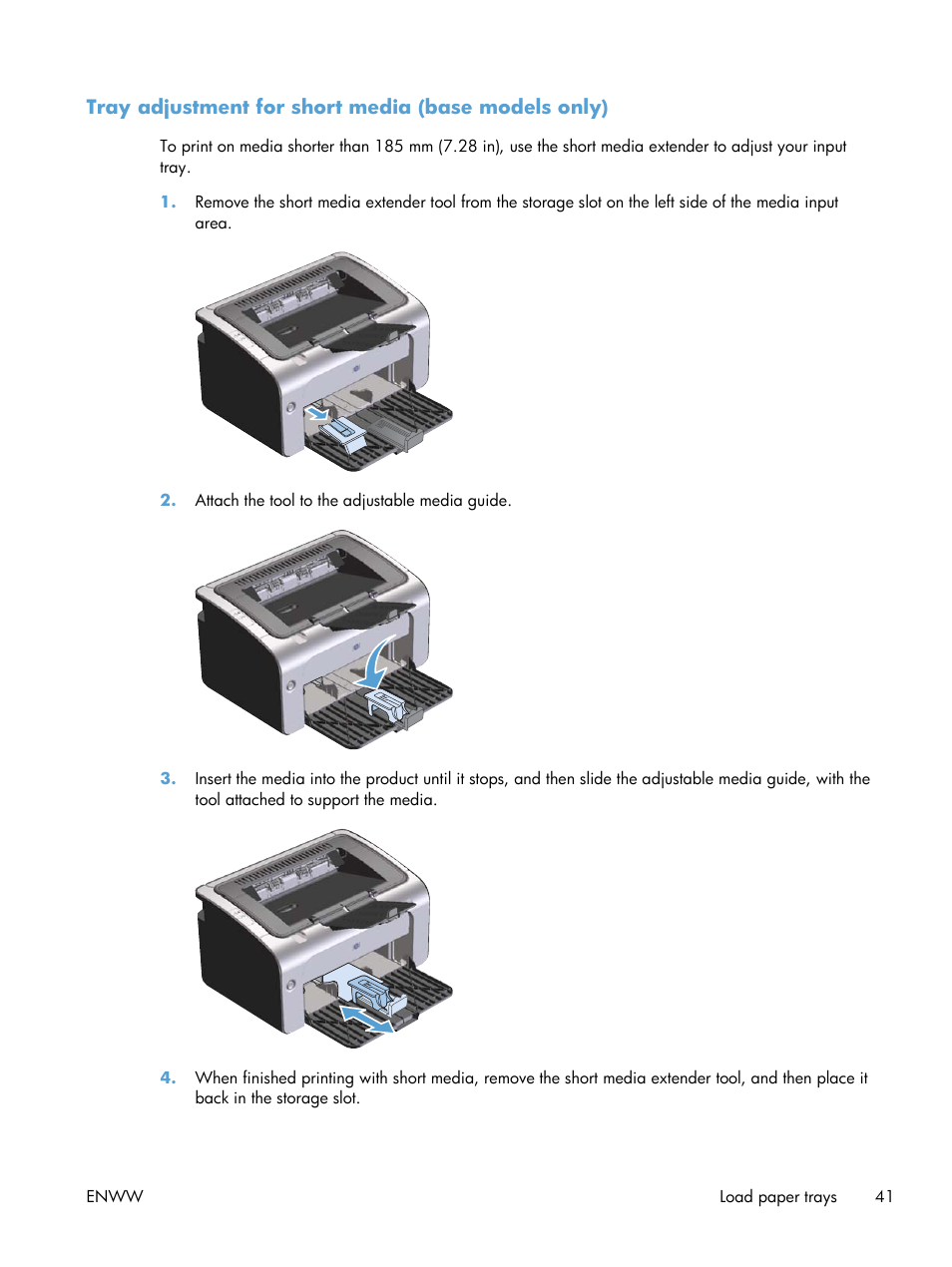 Tray adjustment for short media (base models only) | HP LASERJET PRO P1102w User Manual | Page 55 / 158