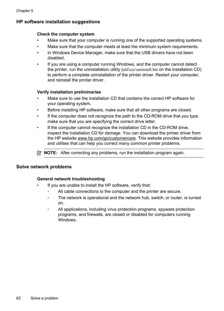 Hp software installation suggestions, Solve network problems | HP Officejet 6100 User Manual | Page 66 / 138