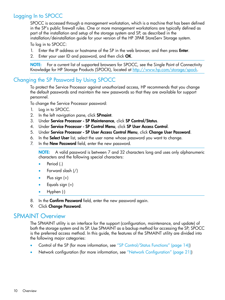 Logging in to spocc, Changing the sp password by using spocc, Spmaint overview | HP 3PAR Service Processors User Manual | Page 10 / 51
