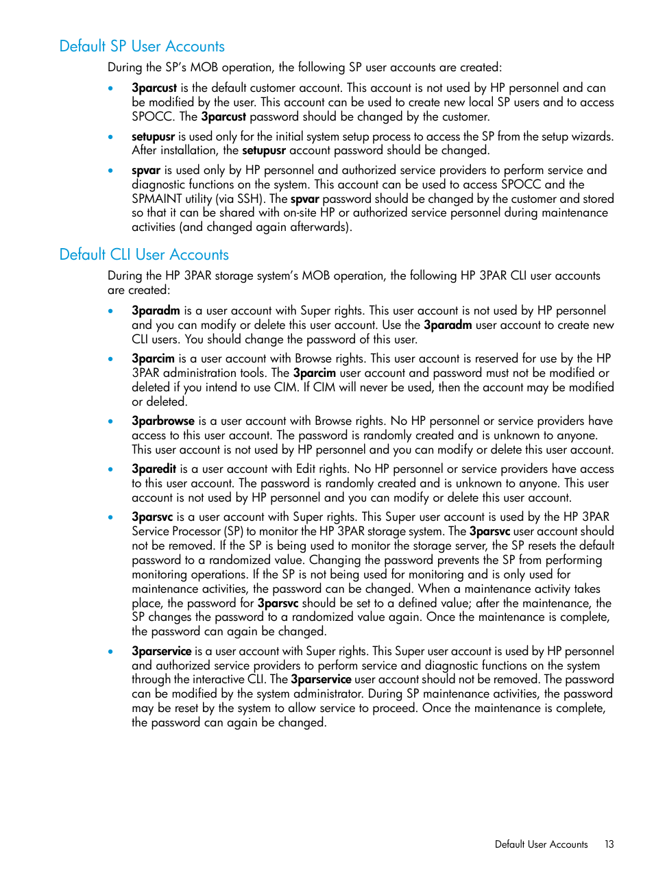 Default sp user accounts, Default cli user accounts, Default sp user accounts default cli user accounts | HP 3PAR Service Processors User Manual | Page 13 / 51