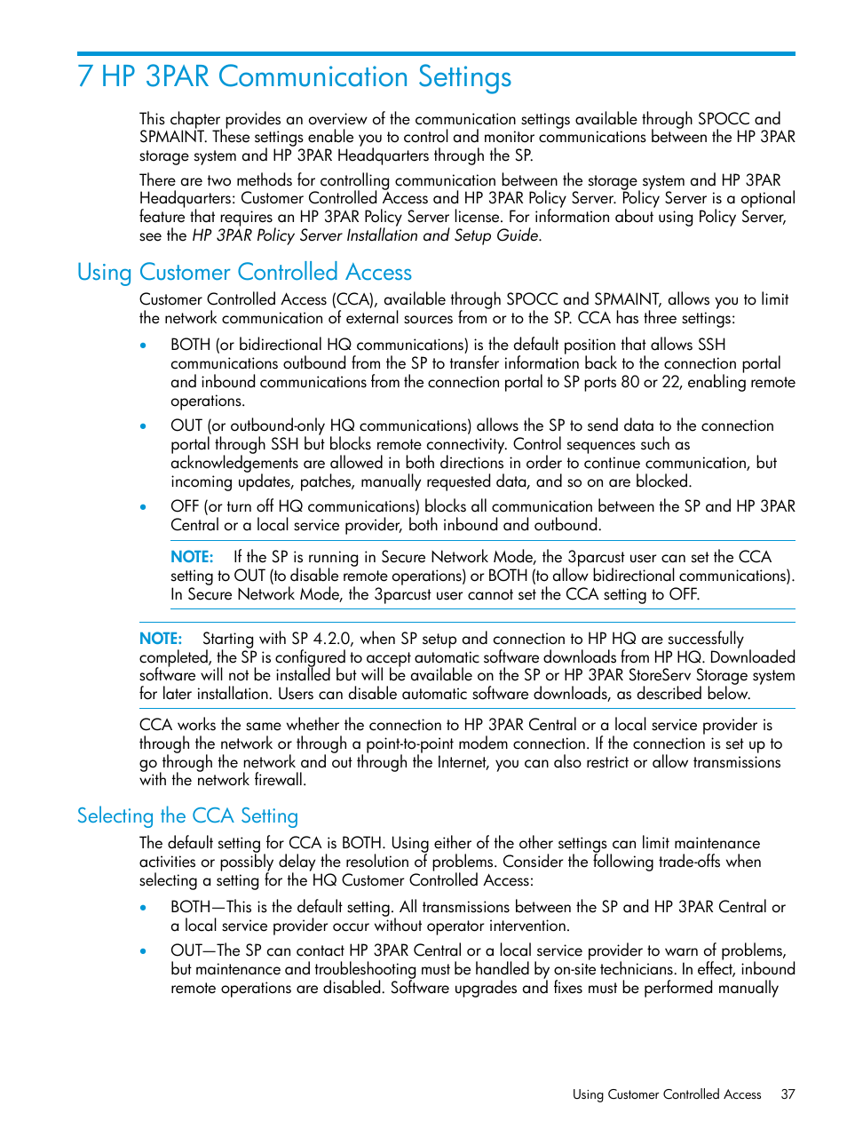 7 hp 3par communication settings, Using customer controlled access, Selecting the cca setting | HP 3PAR Service Processors User Manual | Page 37 / 51