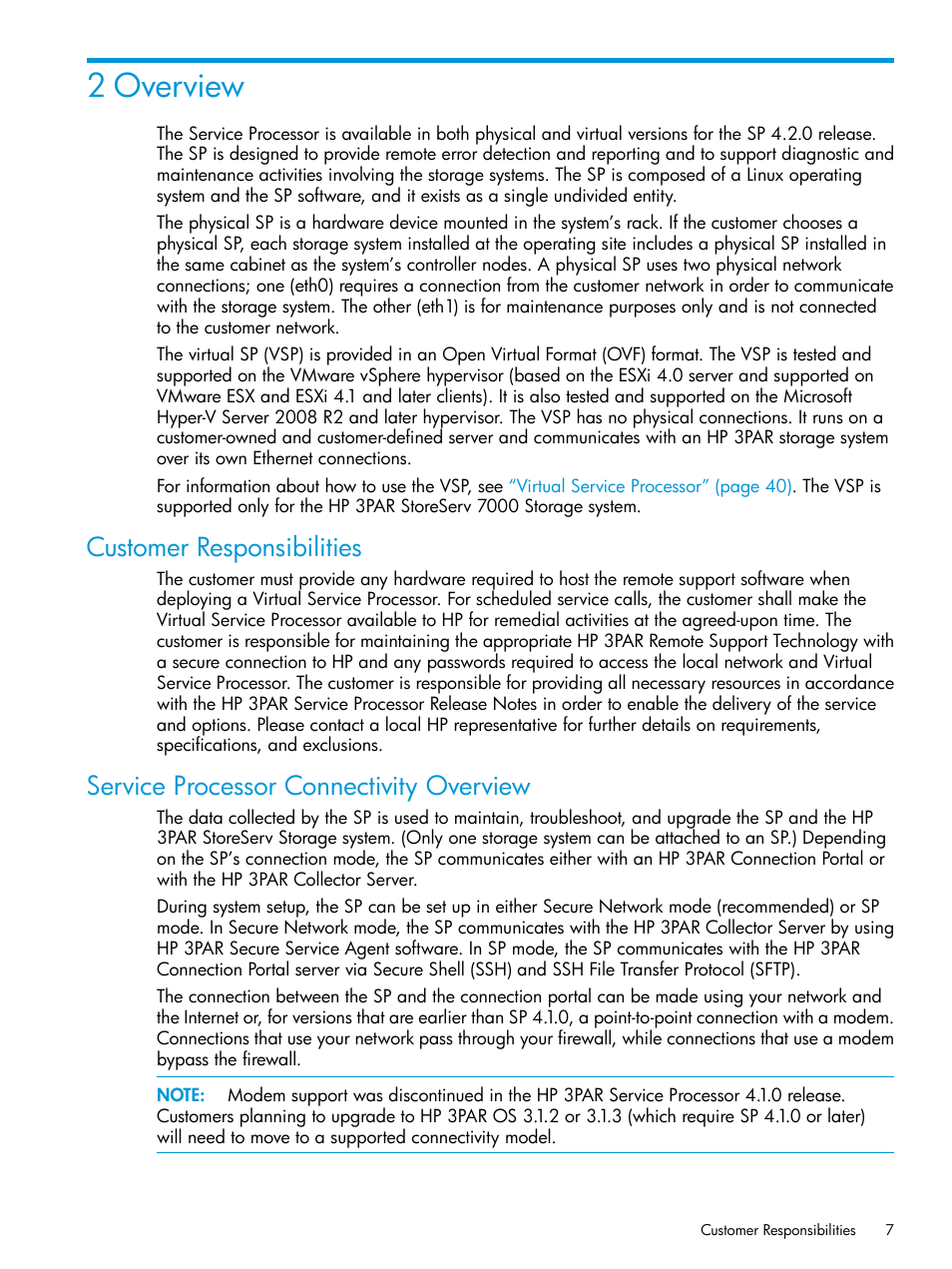 2 overview, Customer responsibilities, Service processor connectivity overview | HP 3PAR Service Processors User Manual | Page 7 / 51