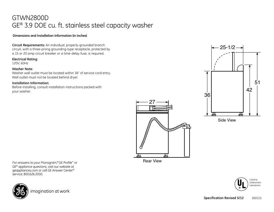 GE GTWN2800DWW User Manual | 2 pages