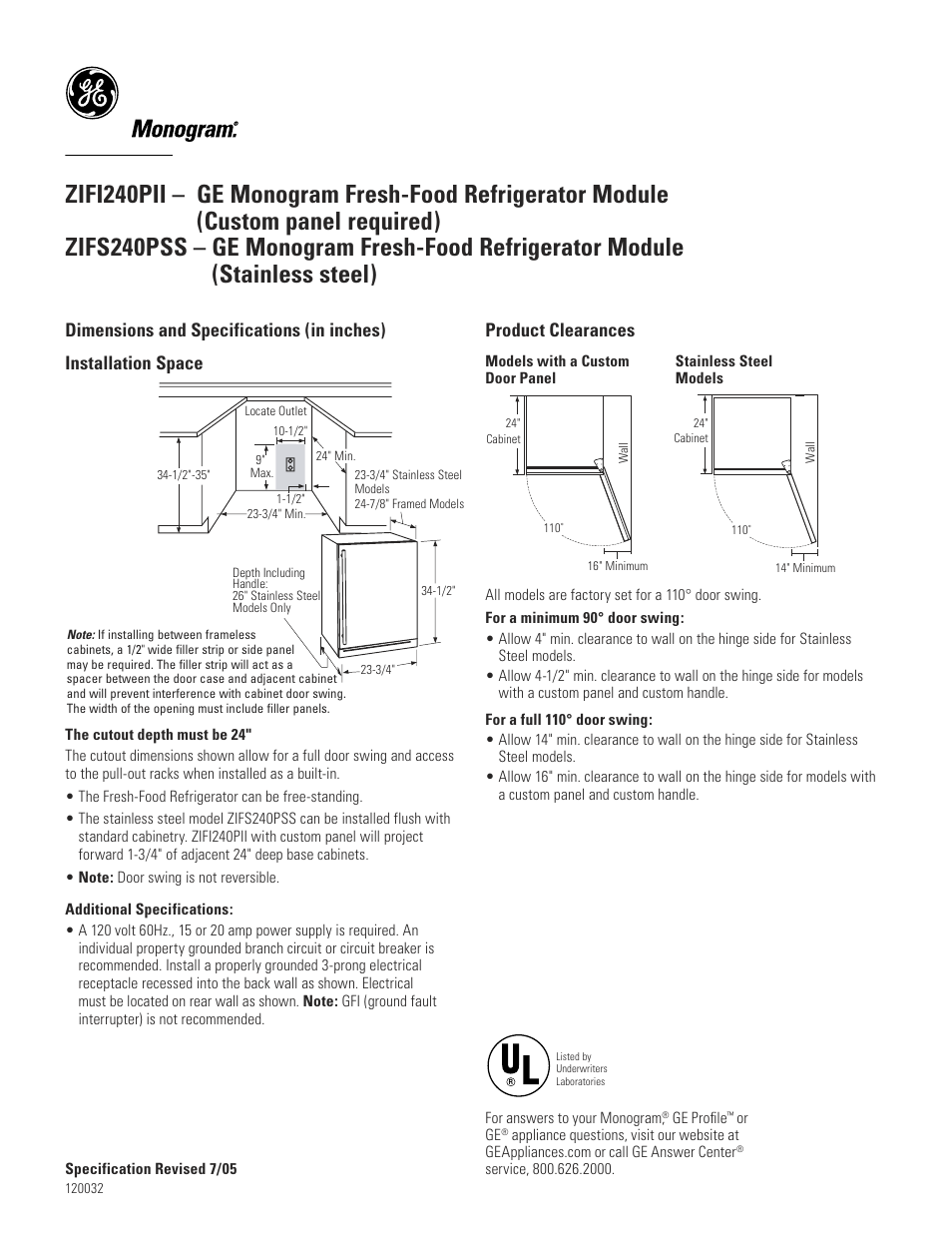 GE ZIFS240PLSS User Manual | 3 pages