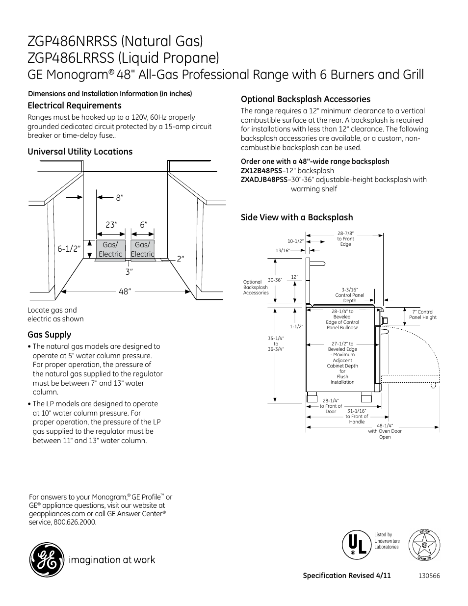 Ge monogram, Electrical requirements, Optional backsplash accessories | Side view with a backsplash gas supply, Universal utility locations | GE ZGP486NRRSS User Manual | Page 2 / 3