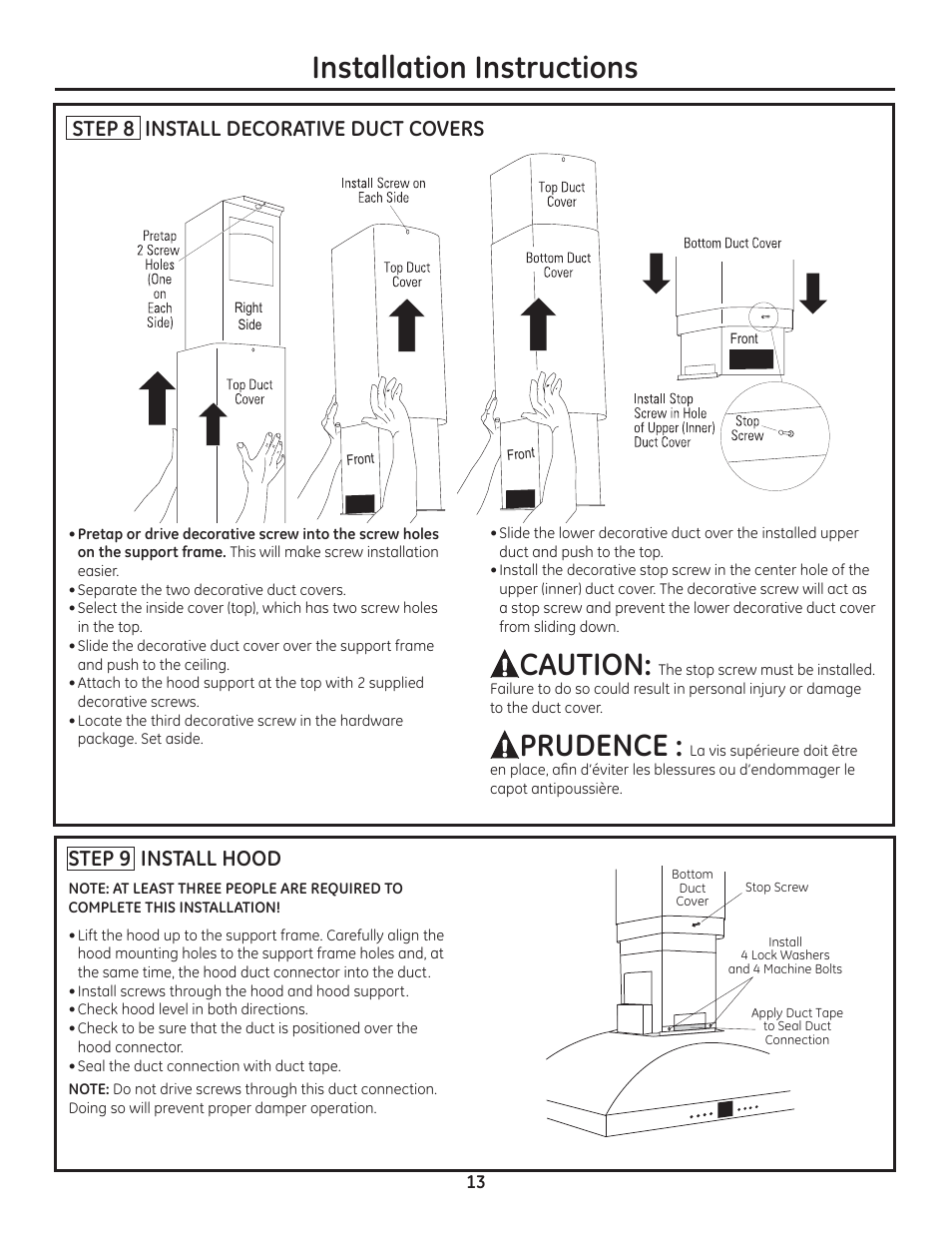Installation instructions, Caution, Prudence | Step 8 install decorative duct covers, Step 9 install hood | GE ZV1050SFSS User Manual | Page 13 / 16