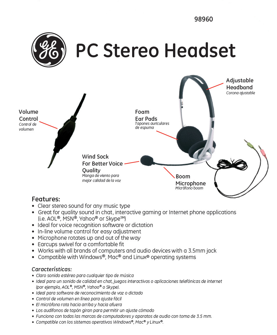 GE 98960 GE PC Stereo Headset User Manual | 1 page