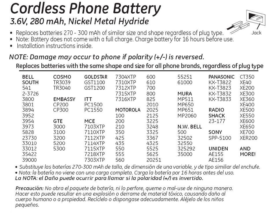 GE 26146 GE Cordless Phone Battery User Manual | 1 page