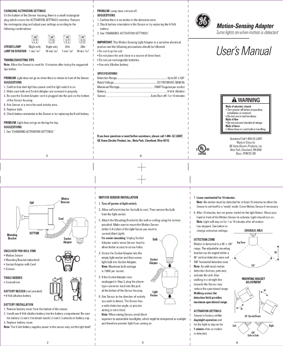 GE 55217 GE Motion-Sensing Adapter User Manual | 1 page