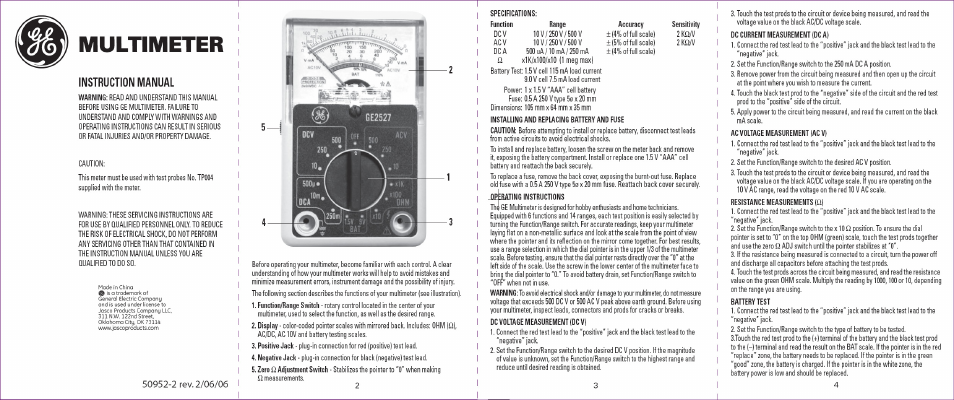 GE 50952 GE Analog Multimeter User Manual | 1 page
