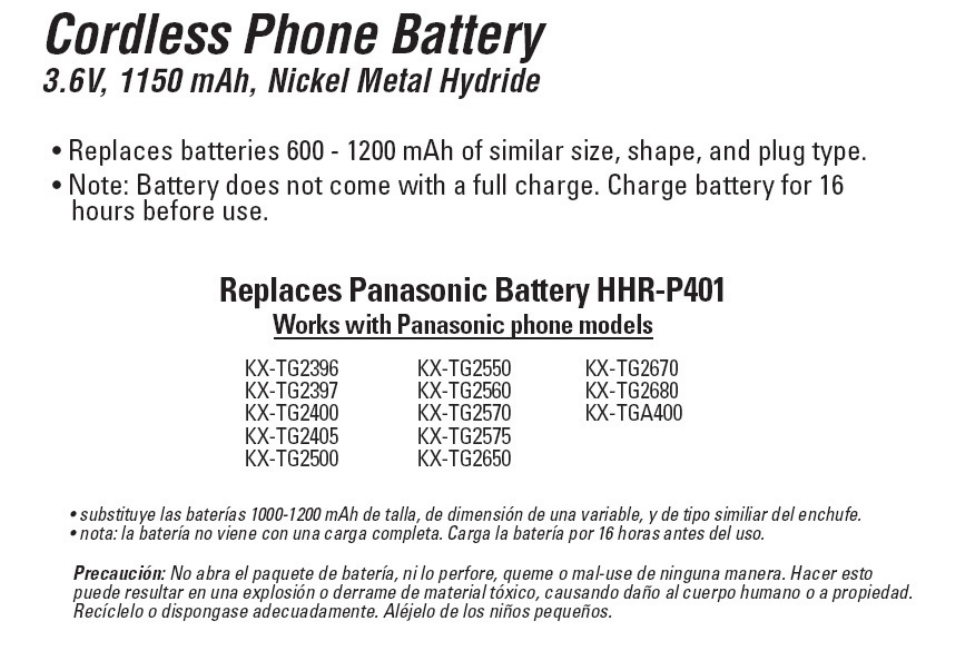 GE 26505 GE Cordless Phone Battery User Manual | 1 page