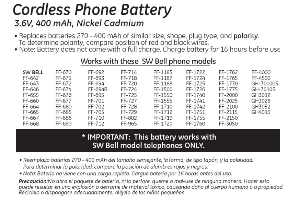 GE 26563 GE Cordless Phone Battery User Manual | 1 page