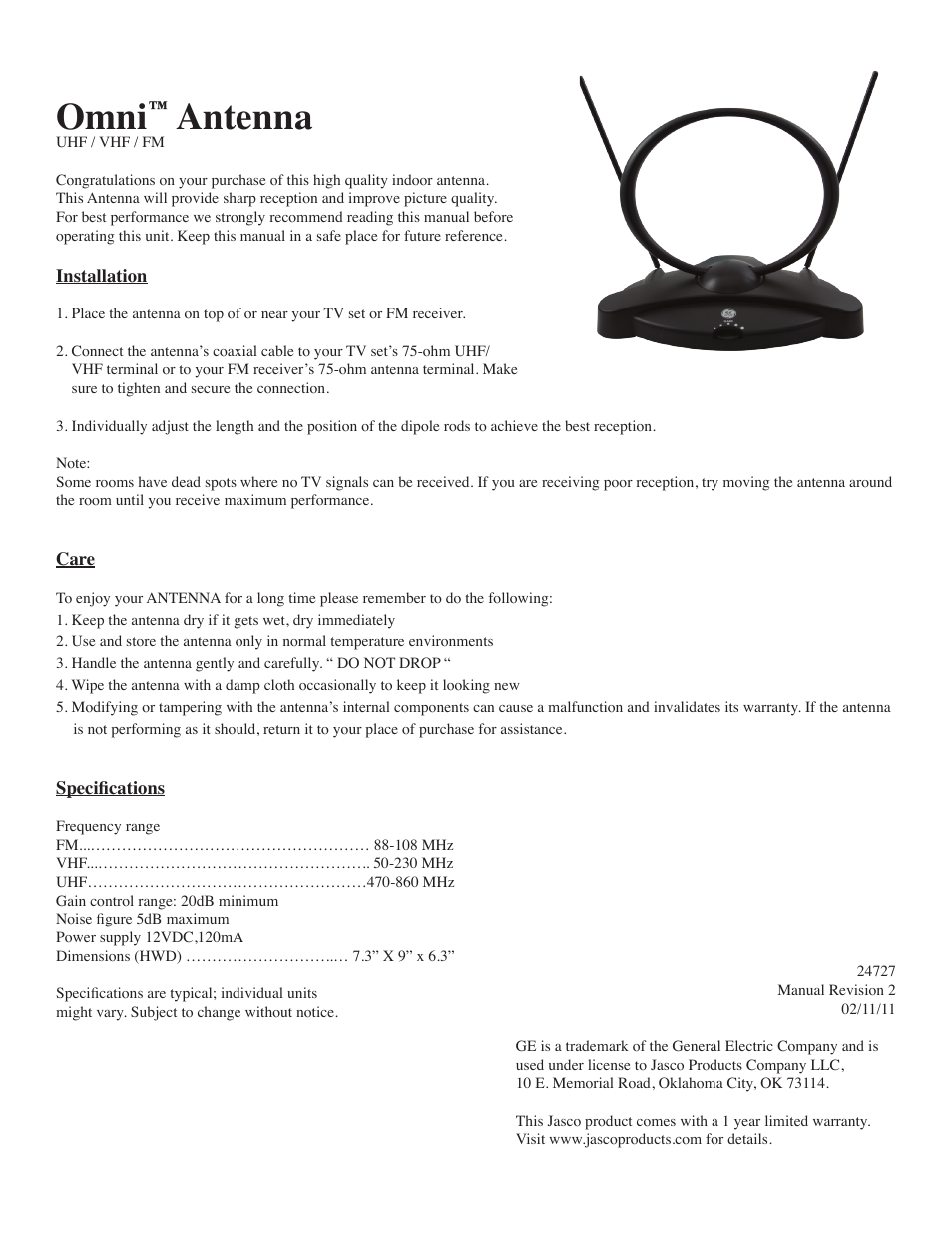 GE 24727 GE Omni Amplified TV Antenna User Manual | 2 pages