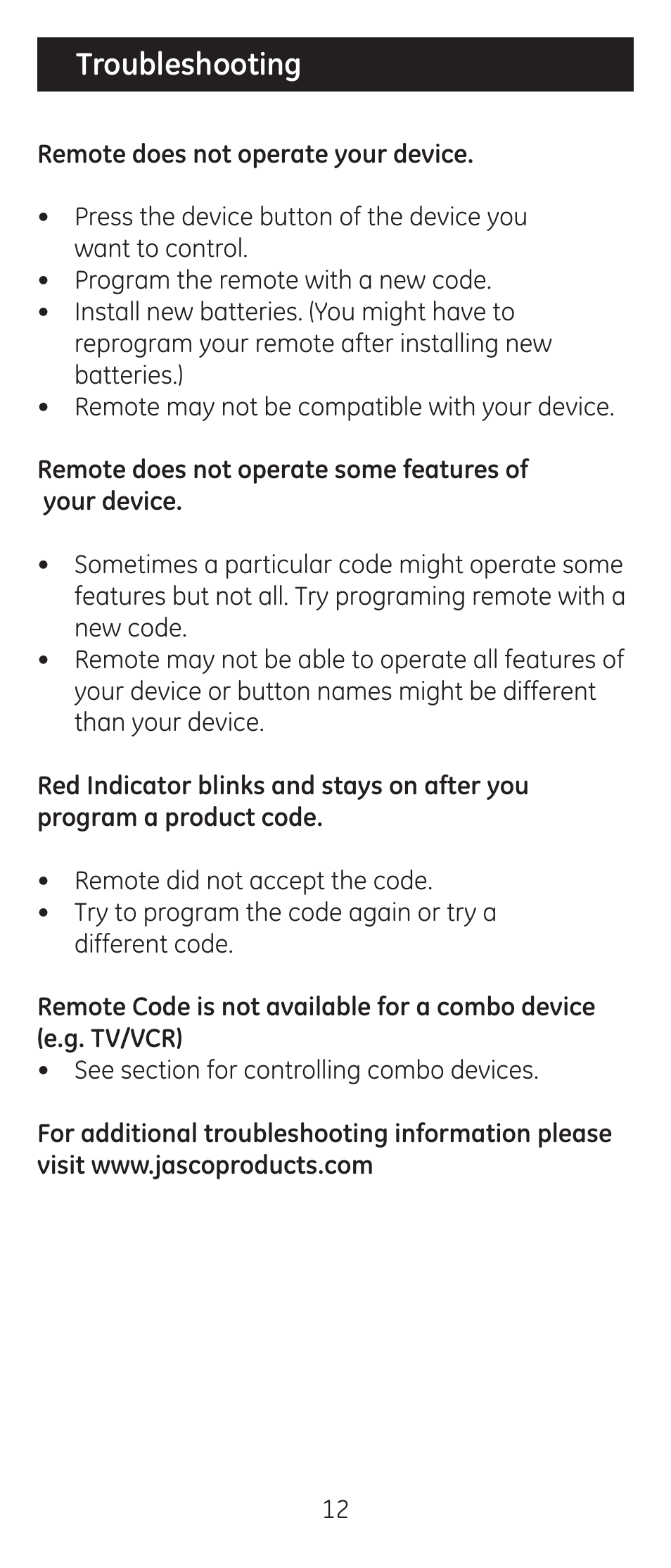 Troubleshooting | GE 24116-v2 GE Big Button Blue LED Backlit Remote Control User Manual | Page 12 / 42