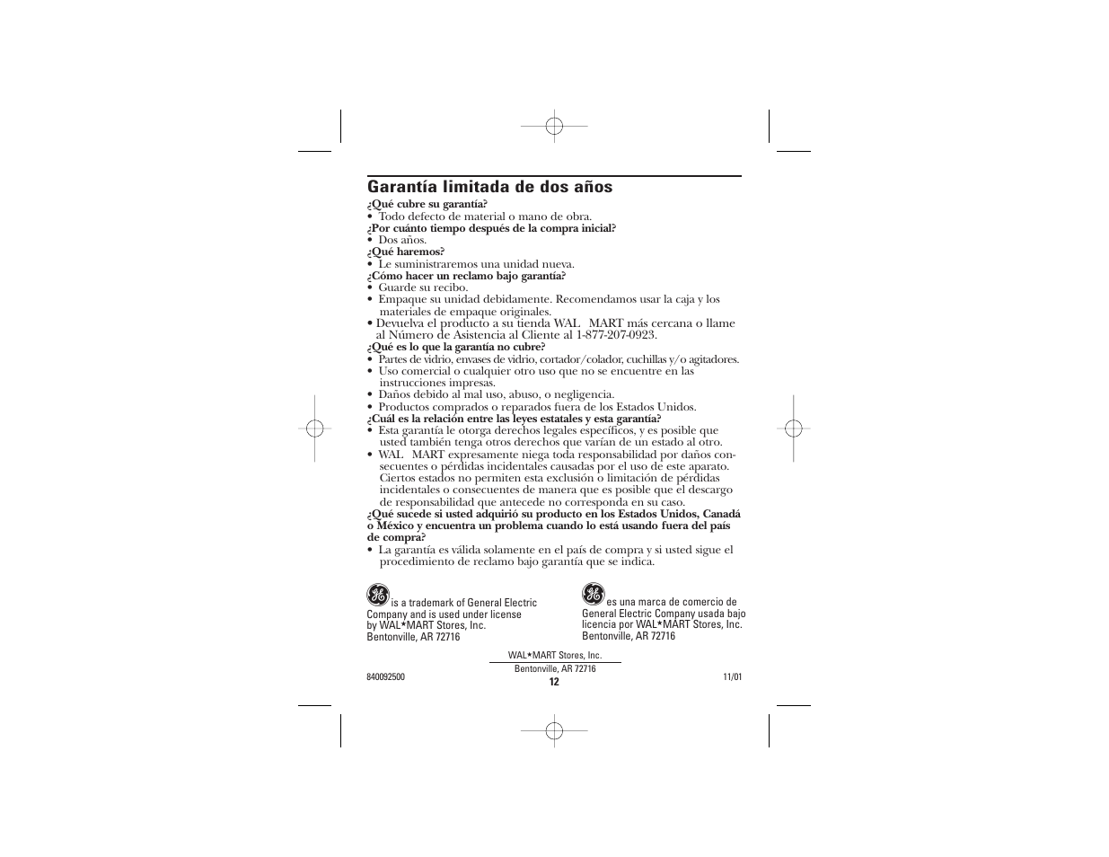Garantía limitada de dos años | GE 169028 User Manual | Page 8 / 8