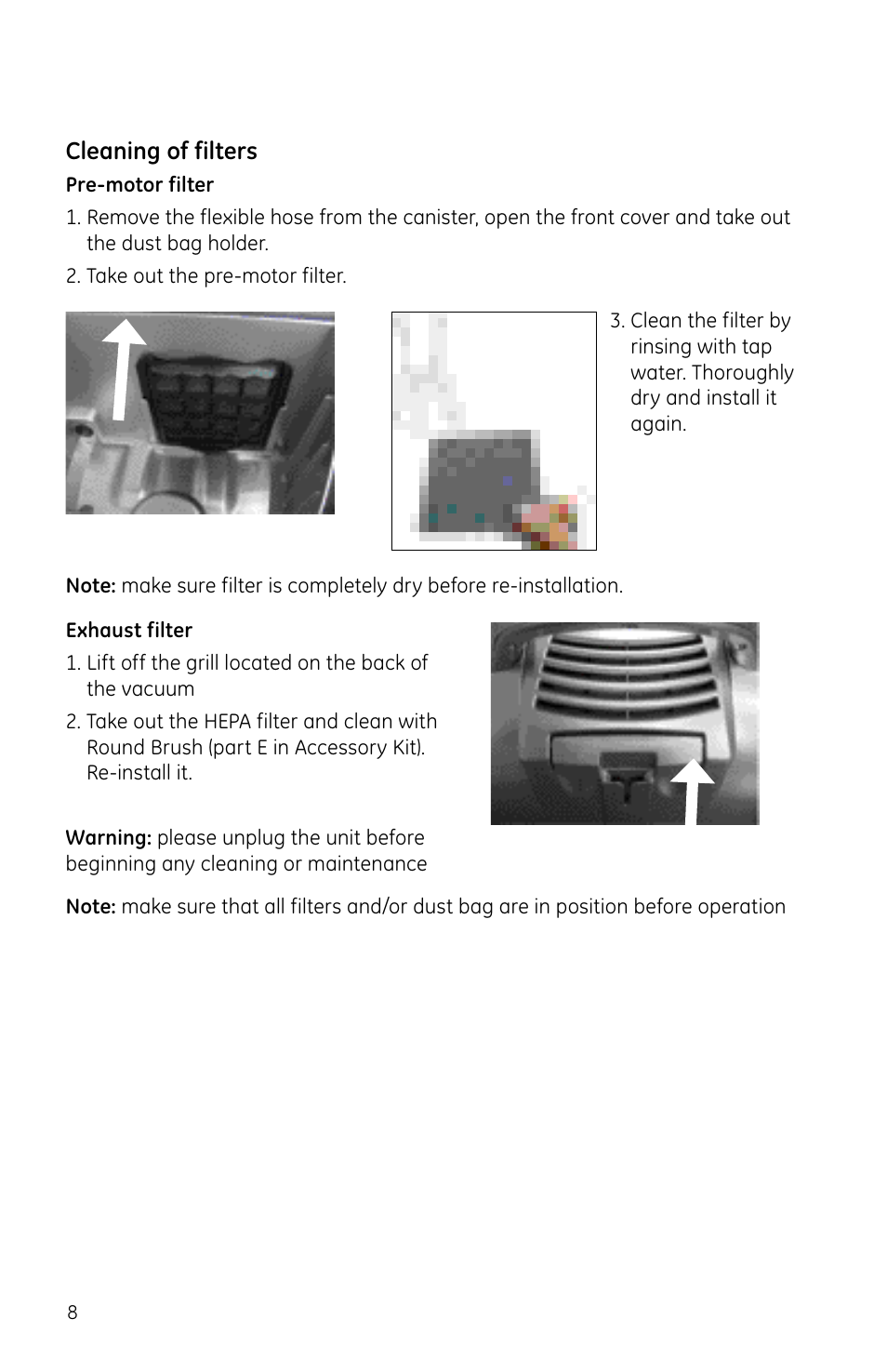 Cleaning of filters | GE 169072 User Manual | Page 8 / 10