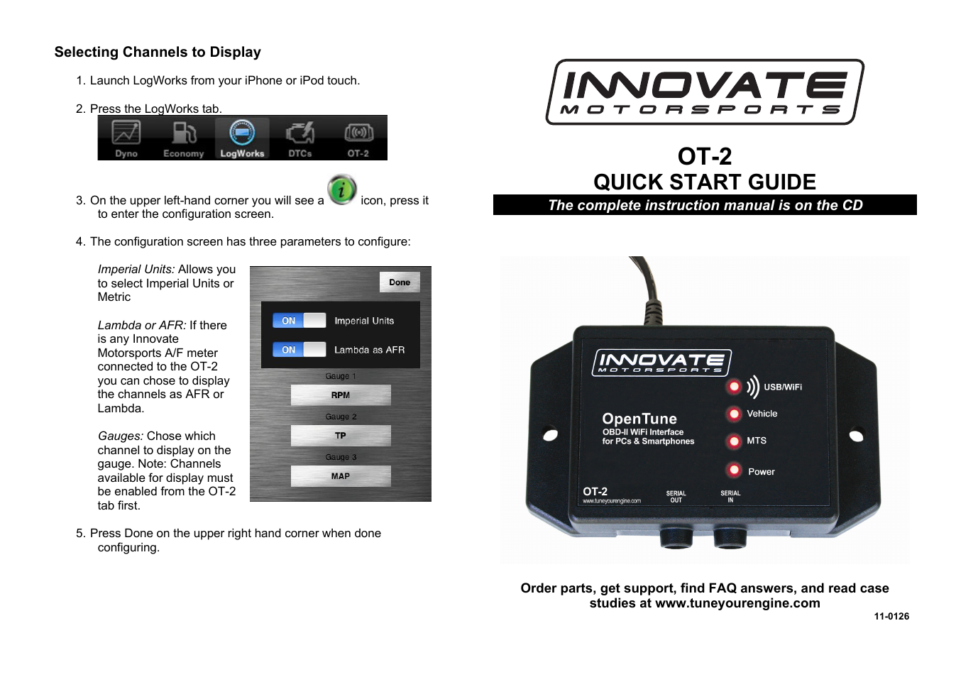 Innovate Motorsports OT-2 Quick Start Guide User Manual | 2 pages
