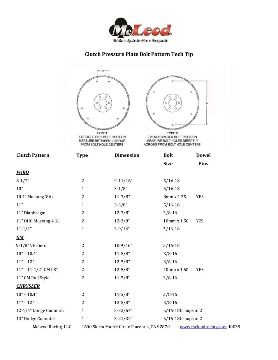 Mc Leod Clutch Pressure Plate Bolt Pattern Tech Tip User Manual | 1 page