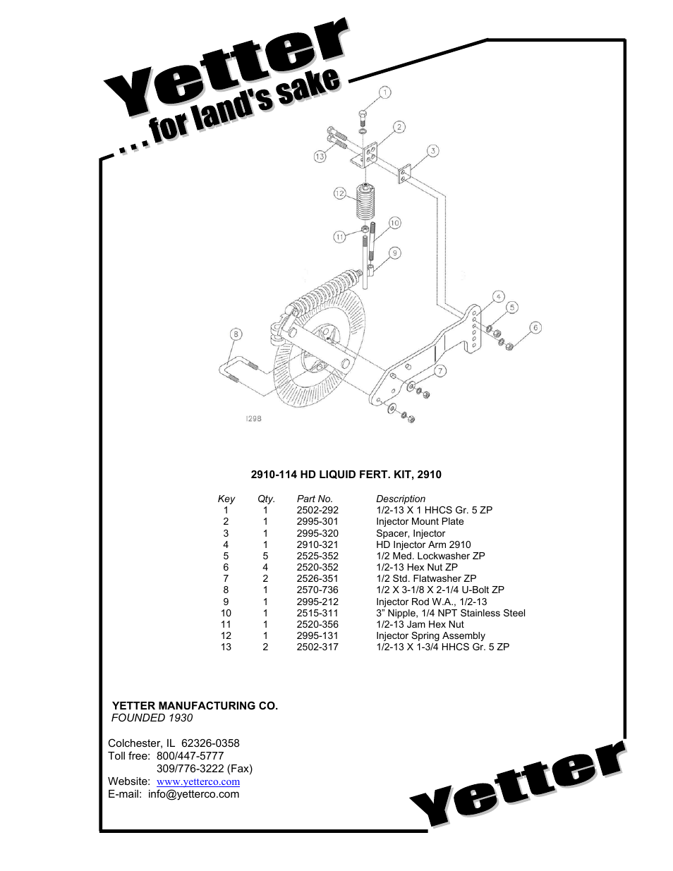 Yetter 2910-114 HD Liquid Fertilizer Kit, 2910 User Manual | 2 pages