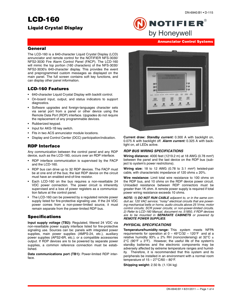 Notifier LCD-160 User Manual | 4 pages