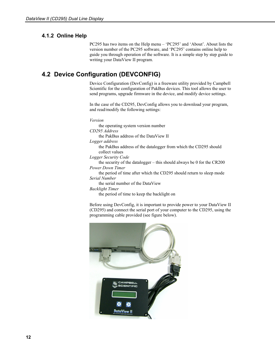 2 online help, 2 device configuration (devconfig) | Campbell Scientific CD295 DataView II Dual Line Display User Manual | Page 16 / 36