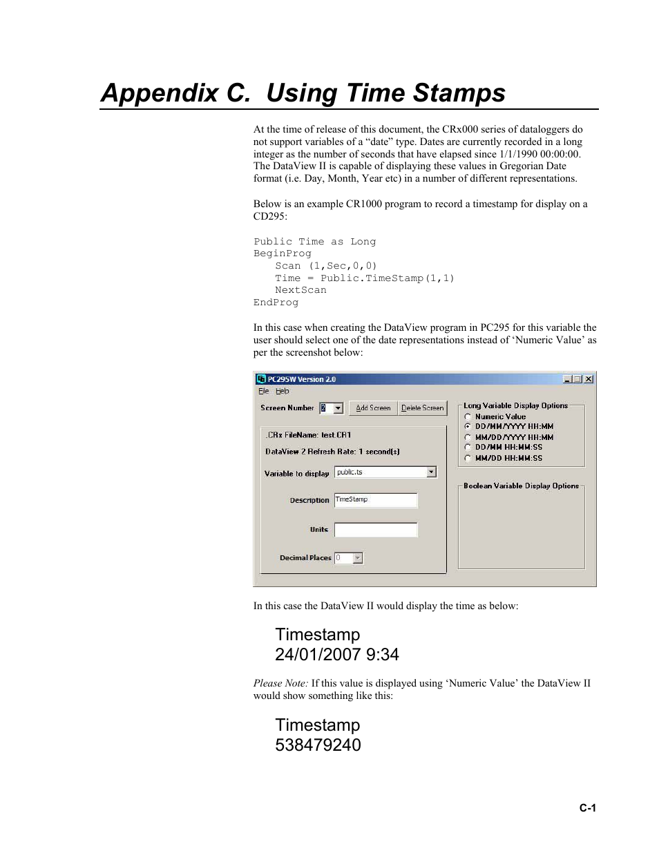 Appendix c. using time stamps | Campbell Scientific CD295 DataView II Dual Line Display User Manual | Page 33 / 36