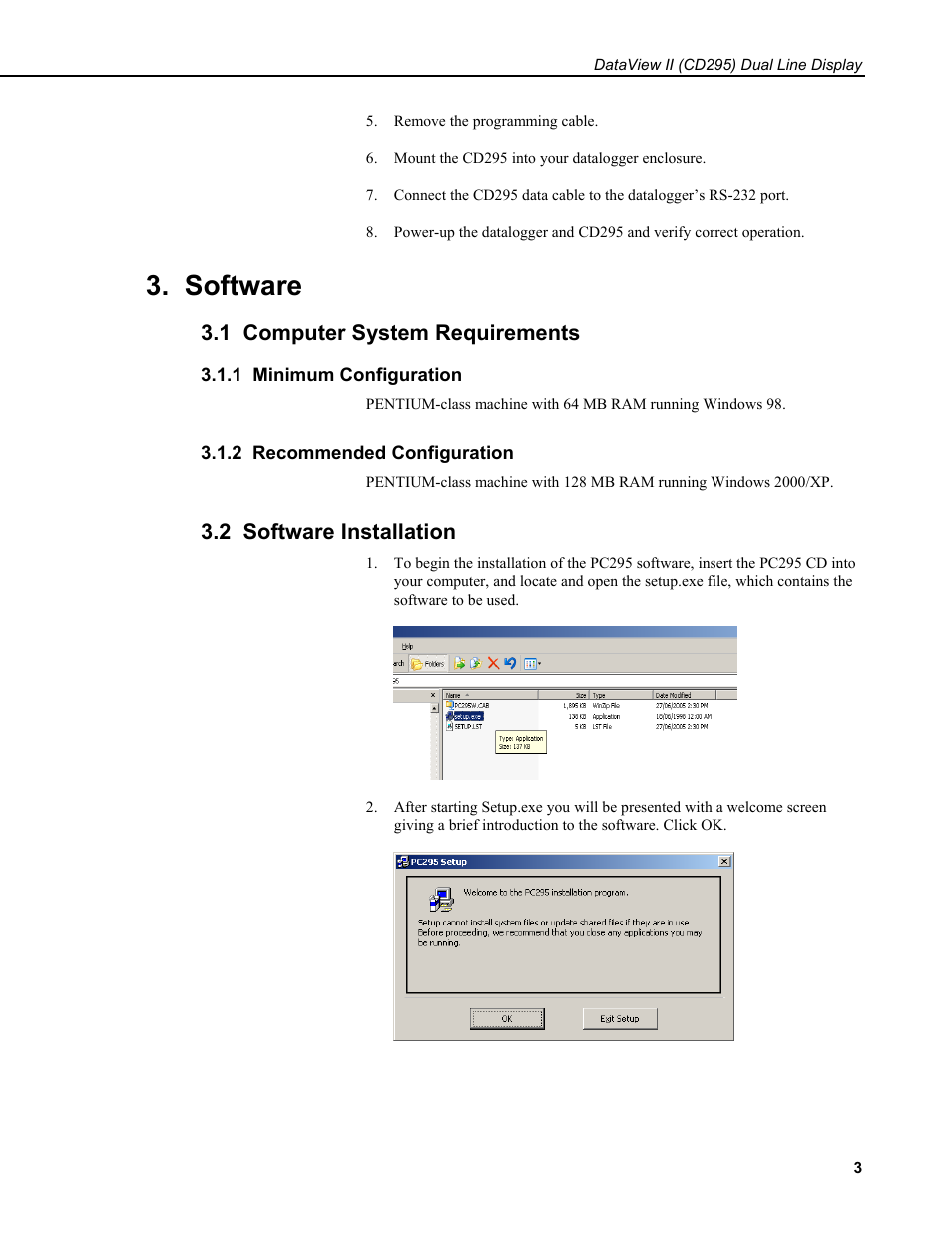 Software, 1 computer system requirements, 1 minimum configuration | 2 recommended configuration, 2 software installation | Campbell Scientific CD295 DataView II Dual Line Display User Manual | Page 7 / 36