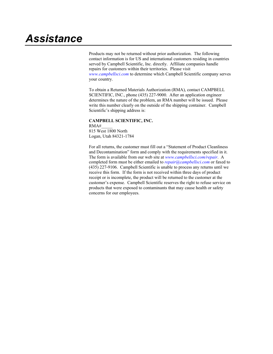 Assistance | Campbell Scientific CM110, CM115, CM120 Tripod Installation User Manual | Page 4 / 40