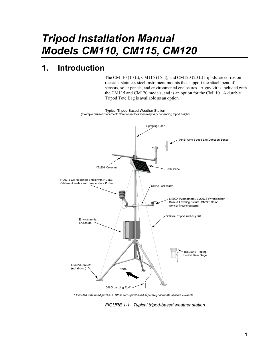 Introduction, 1. typical tripod-based weather station | Campbell Scientific CM110, CM115, CM120 Tripod Installation User Manual | Page 9 / 40