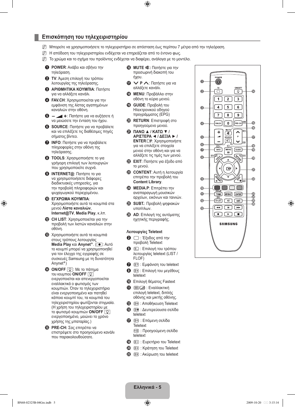 Επισκόπηση του τηλεχειριστηρίου | Samsung LE37B650T2W User Manual | Page 217 / 680