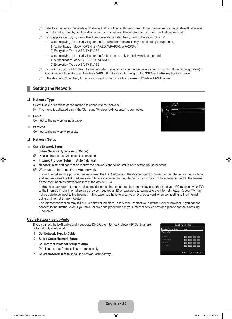 Setting the network, English - 26, Network type | Network setup, Cable network setup-auto | Samsung LE37B650T2W User Manual | Page 28 / 680