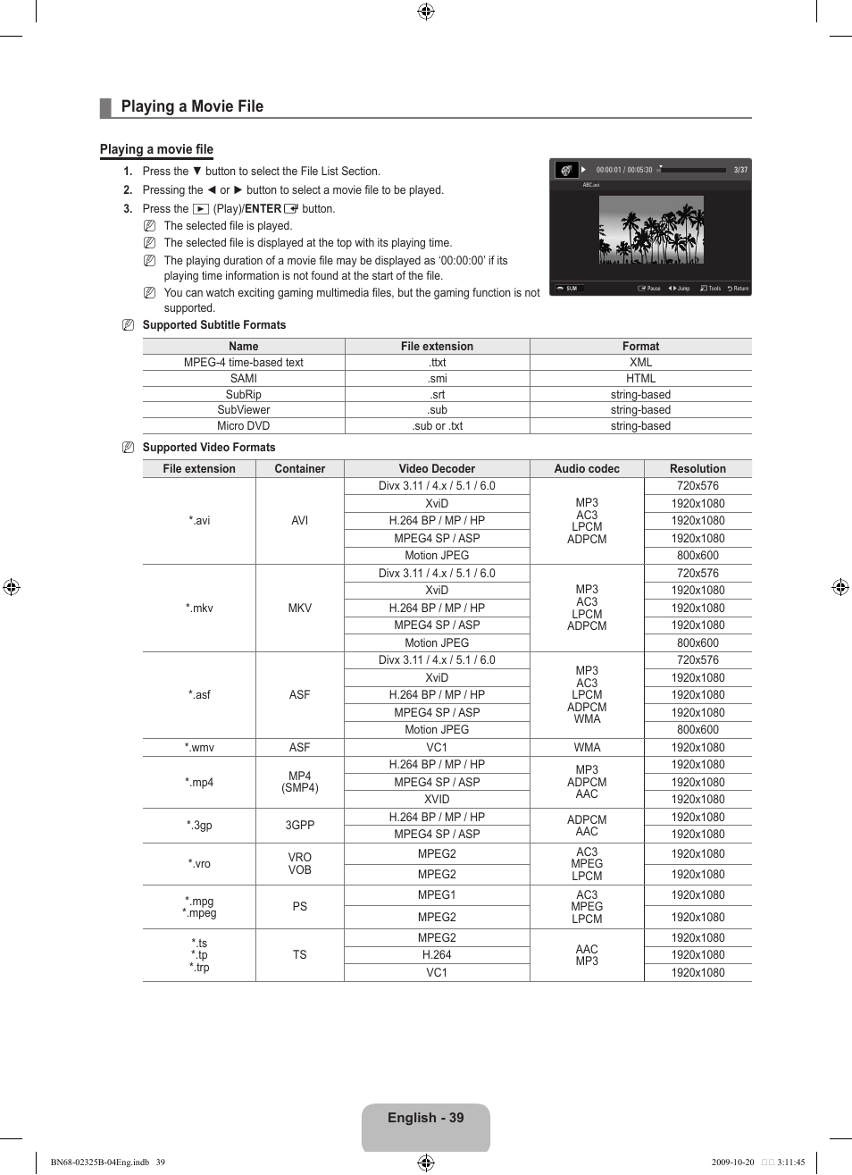 Playing a movie file | Samsung LE37B650T2W User Manual | Page 41 / 680