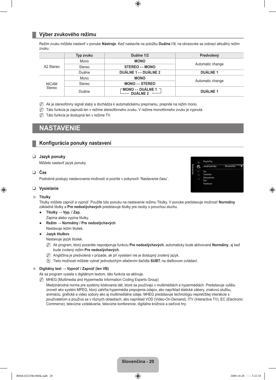Nastavenie, Výber zvukového režimu, Konfigurácia ponuky nastavení | Samsung LE37B650T2W User Manual | Page 496 / 680