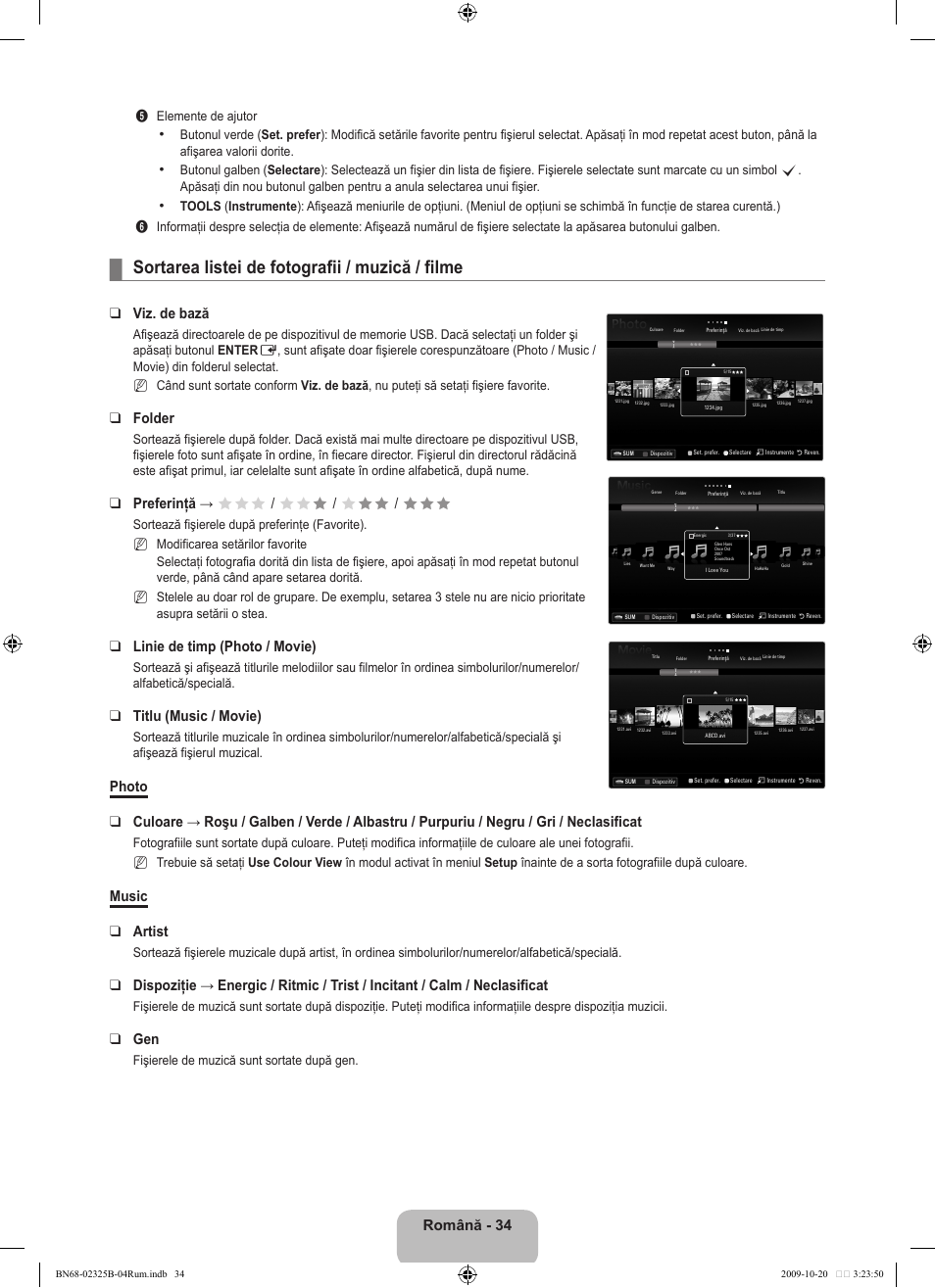 Sortarea listei de fotografii / muzică / filme, Română, Viz. de bază | Folder, Preferinţă → fff / ff f / f ff / fff, Linie de timp (photo / movie), Titlu (music / movie), Music artist | Samsung LE37B650T2W User Manual | Page 576 / 680