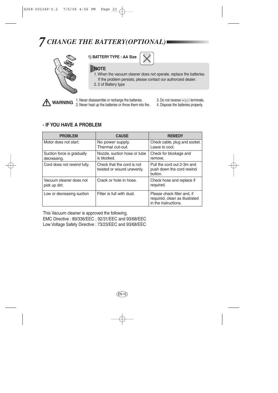 Change the battery(optional), If you have a problem | Samsung SC7840 User Manual | Page 22 / 56