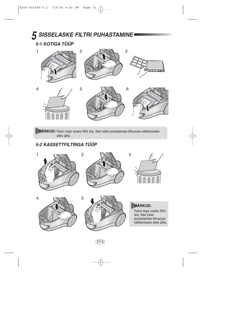 Sisselaske filtri puhastamine | Samsung SC7840 User Manual | Page 31 / 56