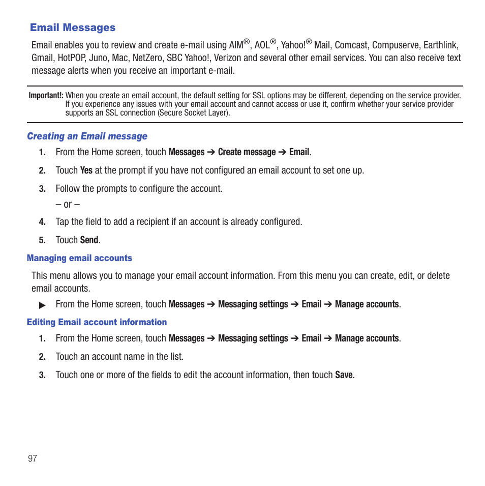 Email messages | Samsung SGH-T669AAATMB User Manual | Page 100 / 217