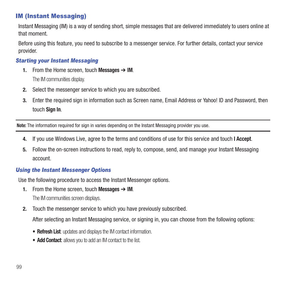Im (instant messaging) | Samsung SGH-T669AAATMB User Manual | Page 102 / 217