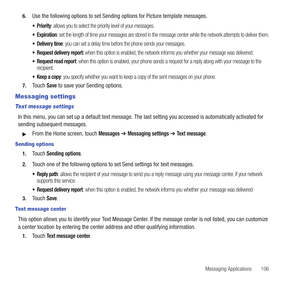 Messaging settings | Samsung SGH-T669AAATMB User Manual | Page 109 / 217