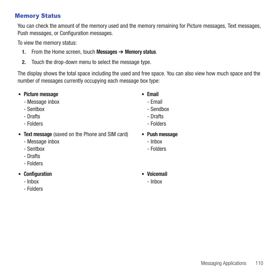Memory status | Samsung SGH-T669AAATMB User Manual | Page 113 / 217