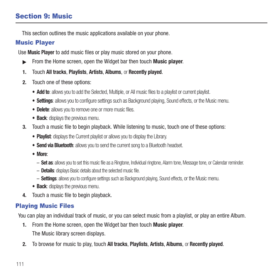 Section 9: music, Music player, Playing music files | Music player playing music files | Samsung SGH-T669AAATMB User Manual | Page 114 / 217