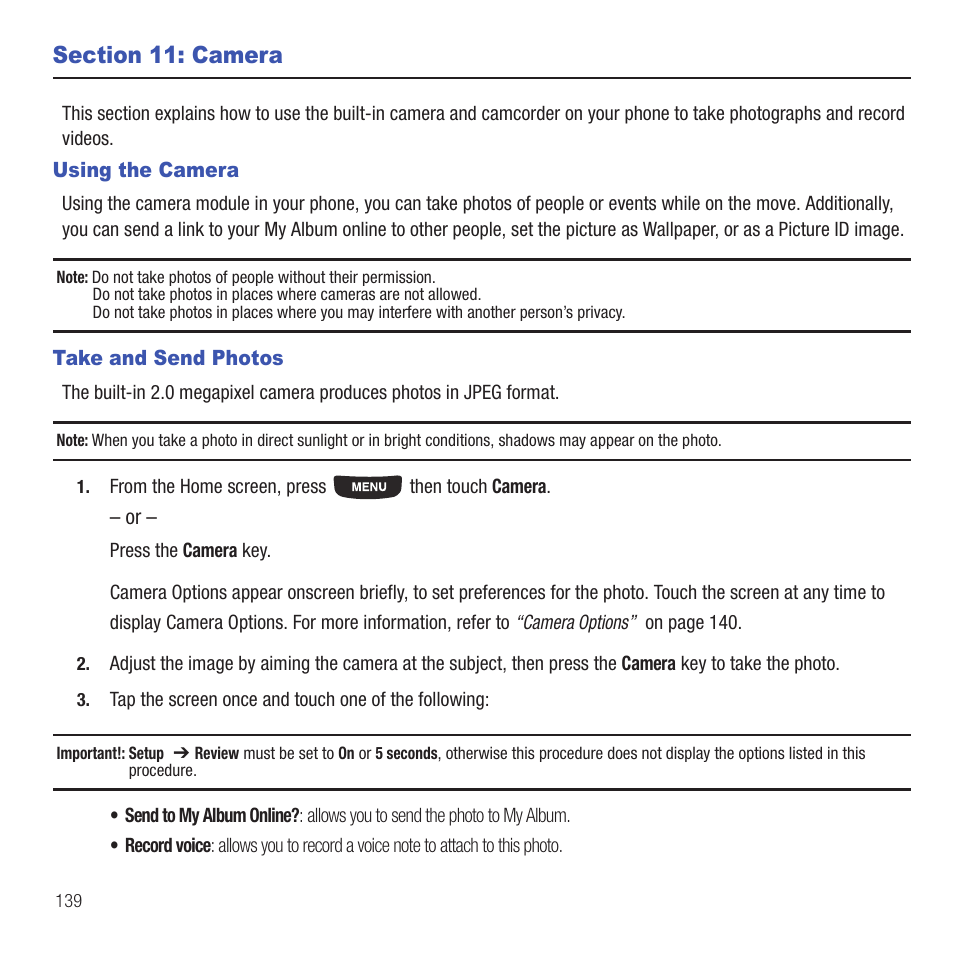 Section 11: camera, Using the camera, Take and send photos | Using the camera take and send photos | Samsung SGH-T669AAATMB User Manual | Page 142 / 217