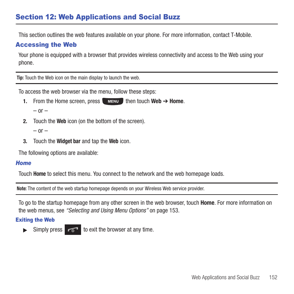 Section 12: web applications and social buzz, Accessing the web | Samsung SGH-T669AAATMB User Manual | Page 155 / 217