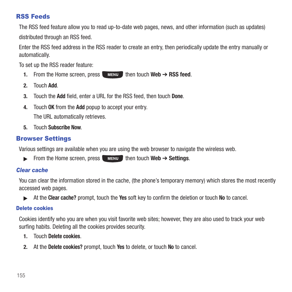 Rss feeds, Browser settings, Rss feeds browser settings | Samsung SGH-T669AAATMB User Manual | Page 158 / 217